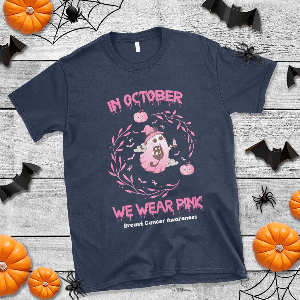 Breast Cancer Halloween T Shirt In October Ghost Wear Pink Black Cat - Wonder Print Shop