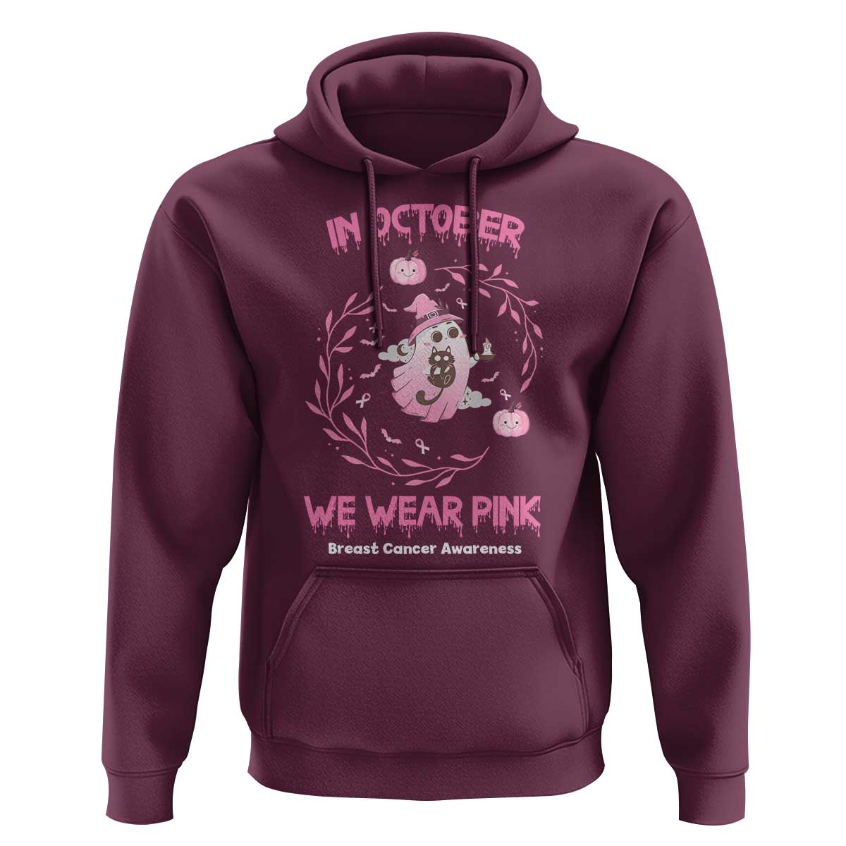 Breast Cancer Halloween Hoodie In October Ghost Wear Pink Black Cat - Wonder Print Shop