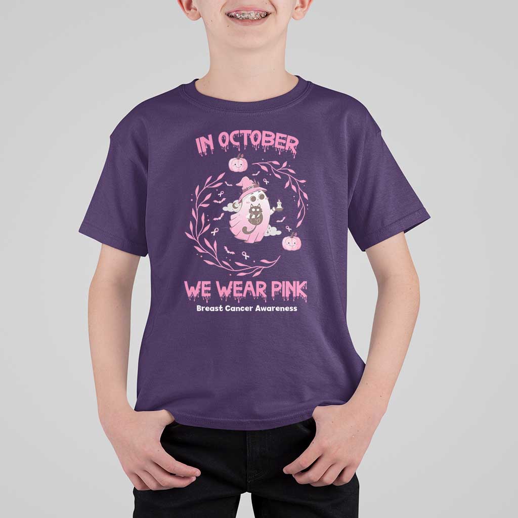 Breast Cancer Halloween T Shirt For Kid In October Ghost Wear Pink Black Cat - Wonder Print Shop
