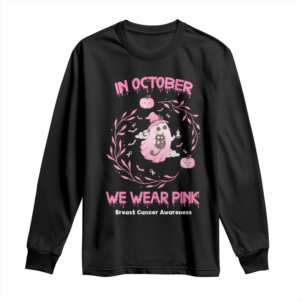 Breast Cancer Halloween Long Sleeve Shirt In October Ghost Wear Pink Black Cat - Wonder Print Shop