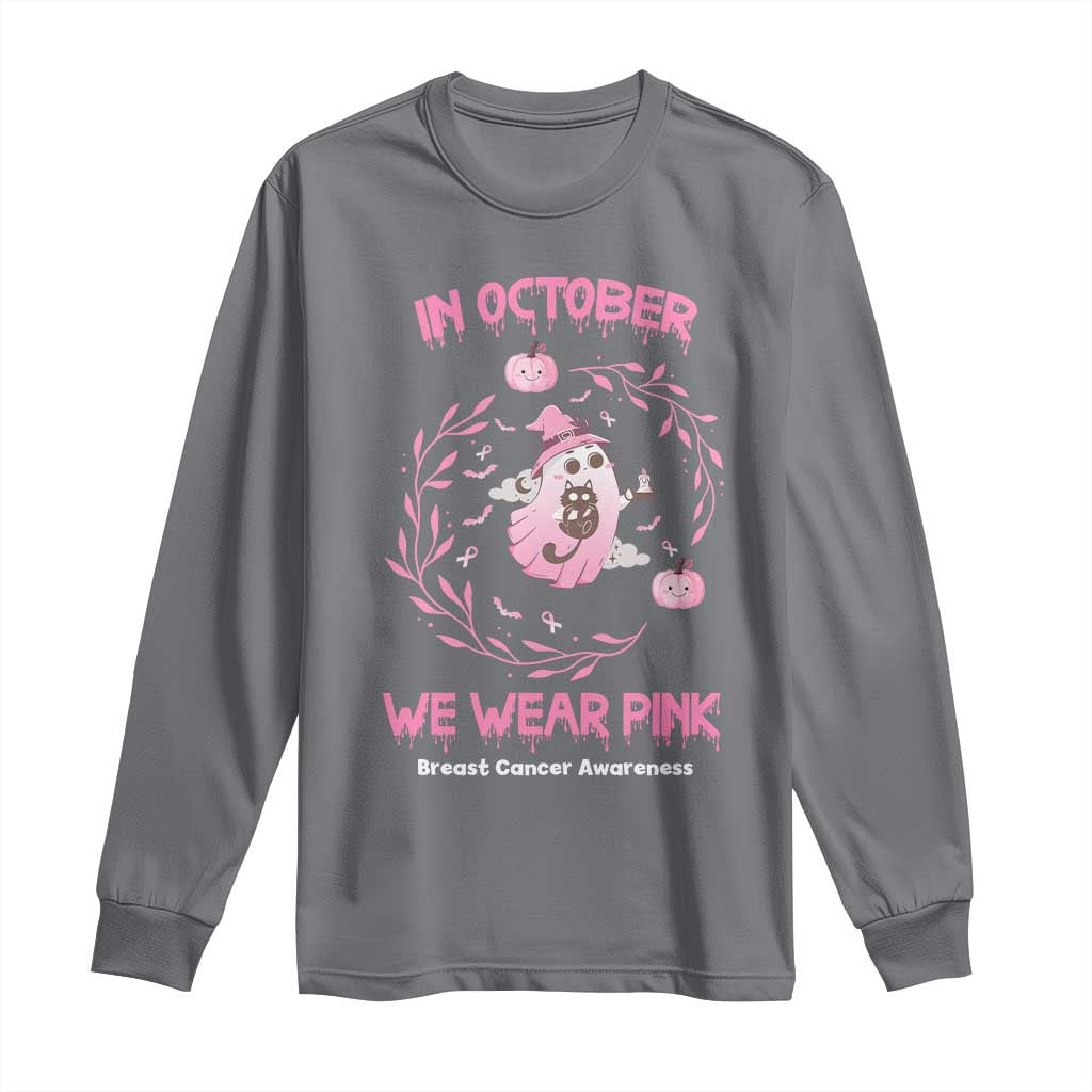 Breast Cancer Halloween Long Sleeve Shirt In October Ghost Wear Pink Black Cat - Wonder Print Shop