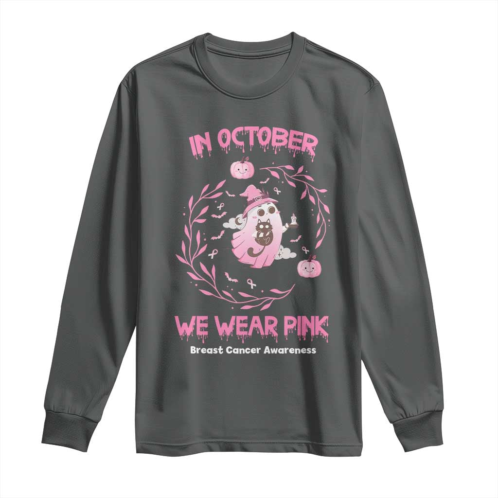 Breast Cancer Halloween Long Sleeve Shirt In October Ghost Wear Pink Black Cat - Wonder Print Shop