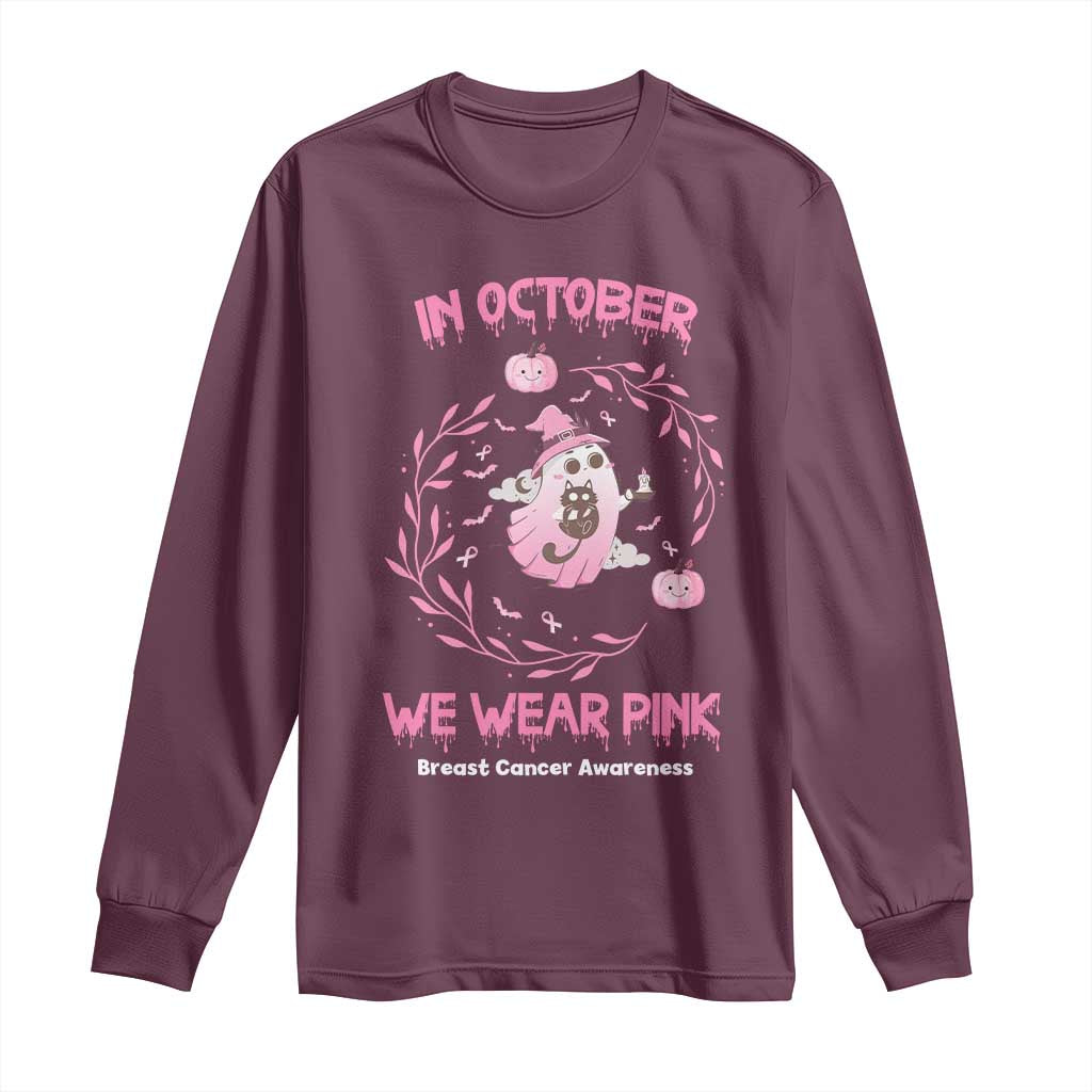 Breast Cancer Halloween Long Sleeve Shirt In October Ghost Wear Pink Black Cat - Wonder Print Shop