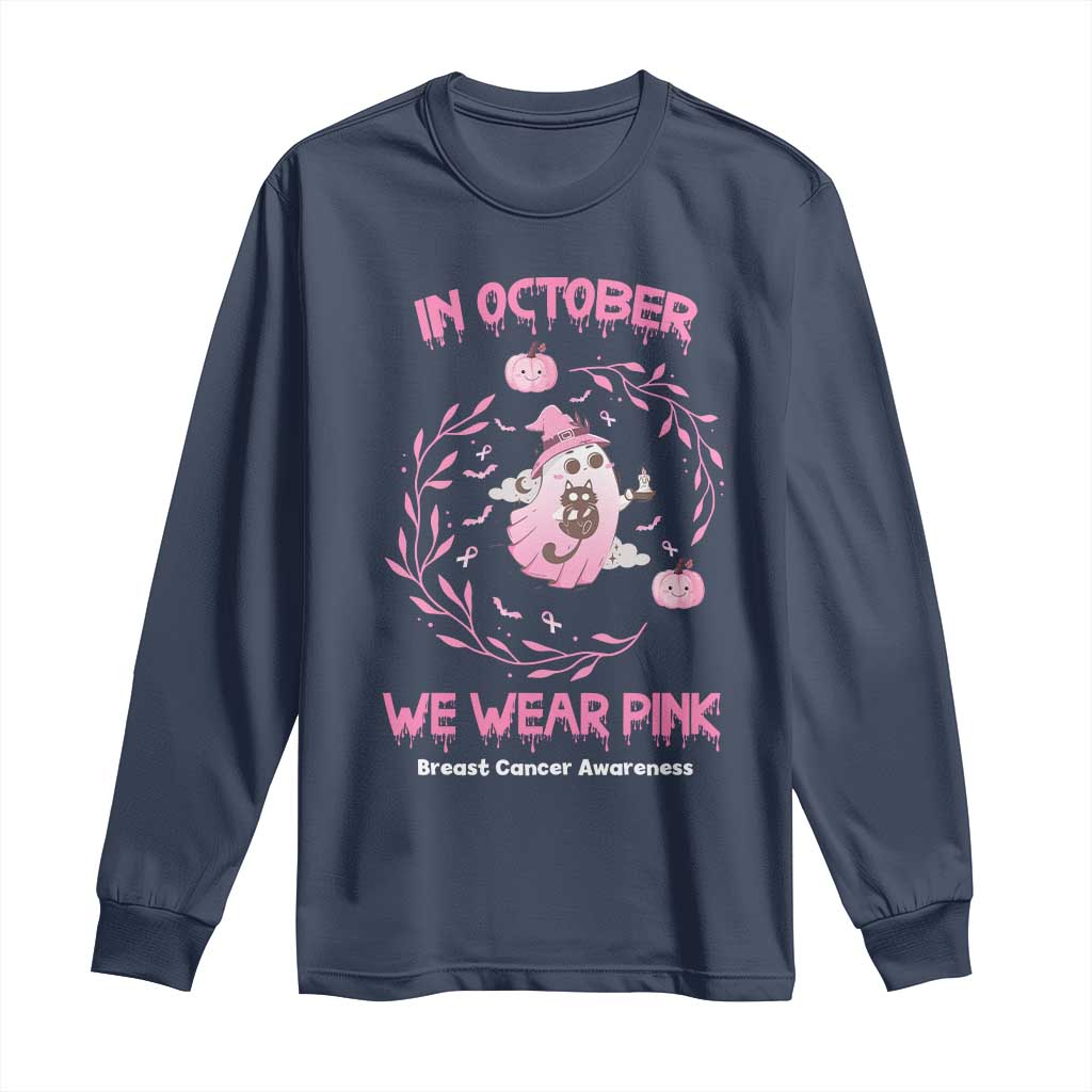 Breast Cancer Halloween Long Sleeve Shirt In October Ghost Wear Pink Black Cat - Wonder Print Shop