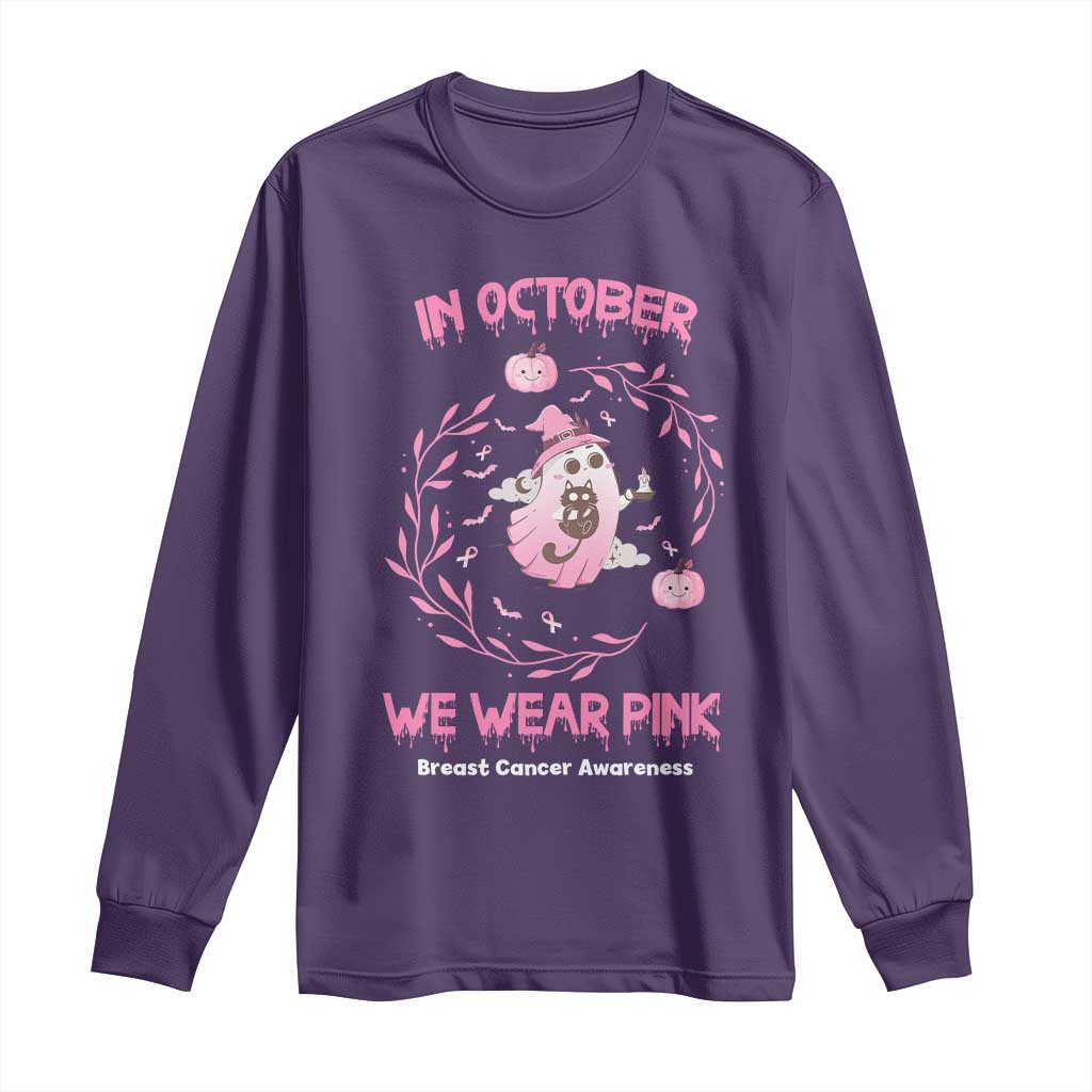Breast Cancer Halloween Long Sleeve Shirt In October Ghost Wear Pink Black Cat - Wonder Print Shop