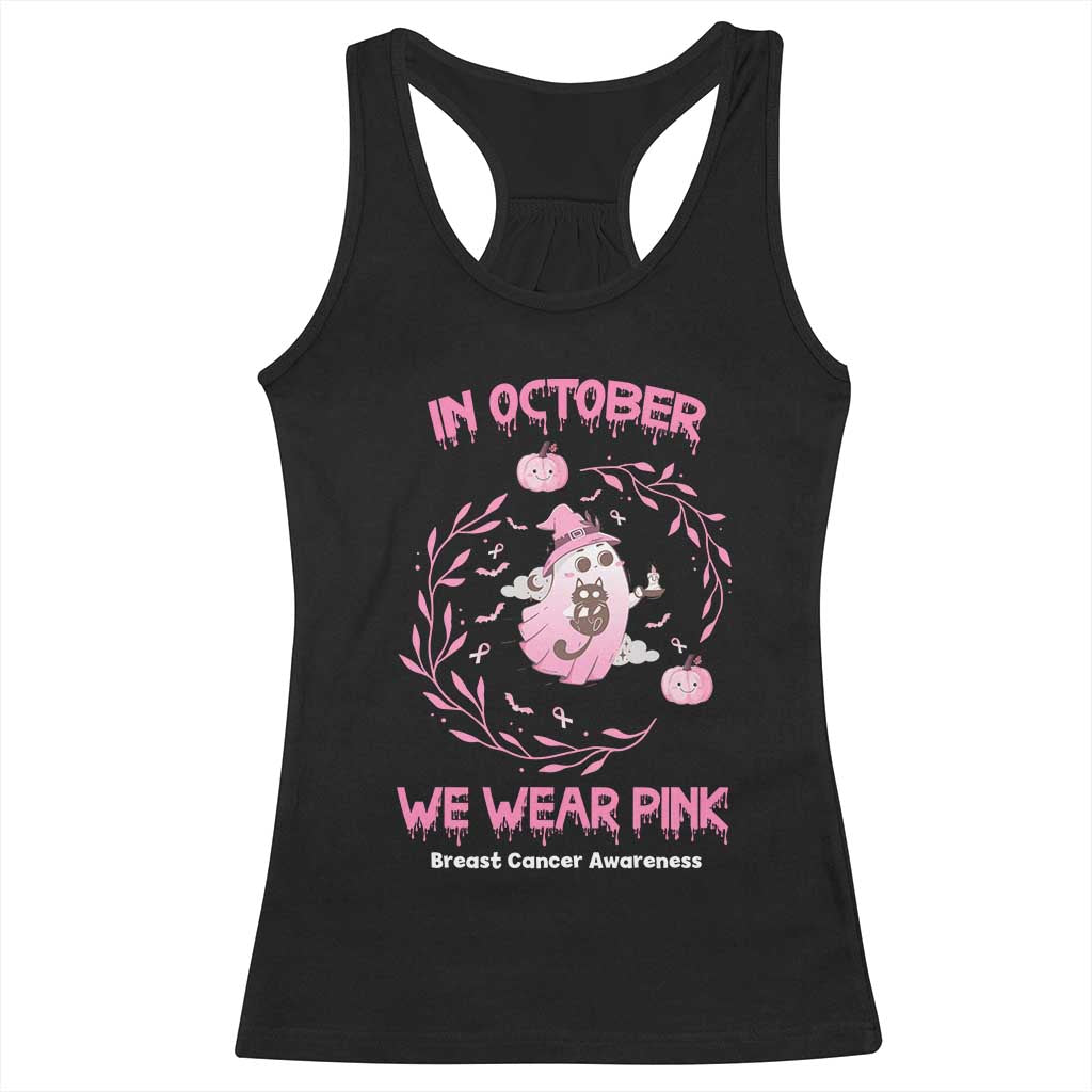 Breast Cancer Halloween Racerback Tank Top In October Ghost Wear Pink Black Cat - Wonder Print Shop