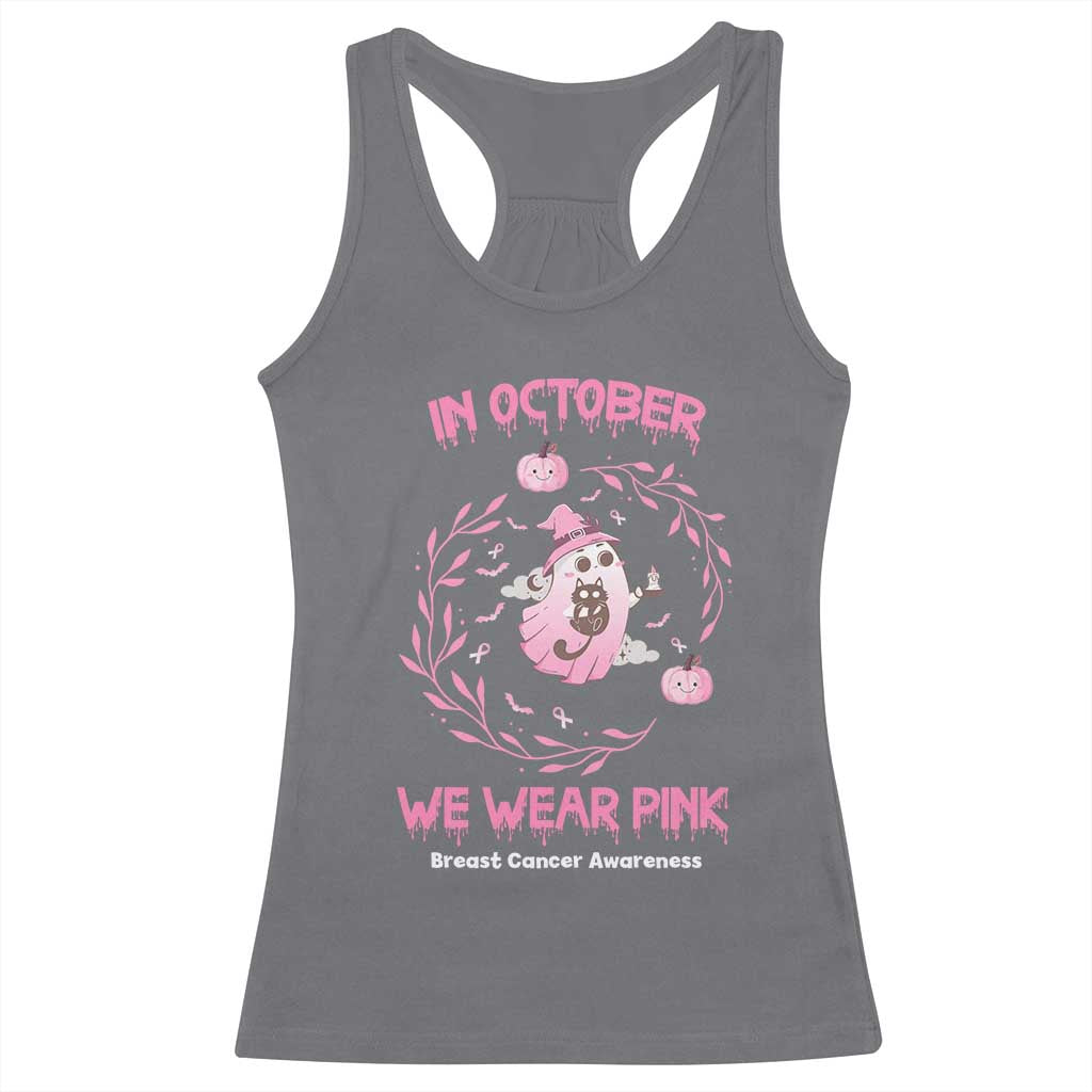 Breast Cancer Halloween Racerback Tank Top In October Ghost Wear Pink Black Cat - Wonder Print Shop
