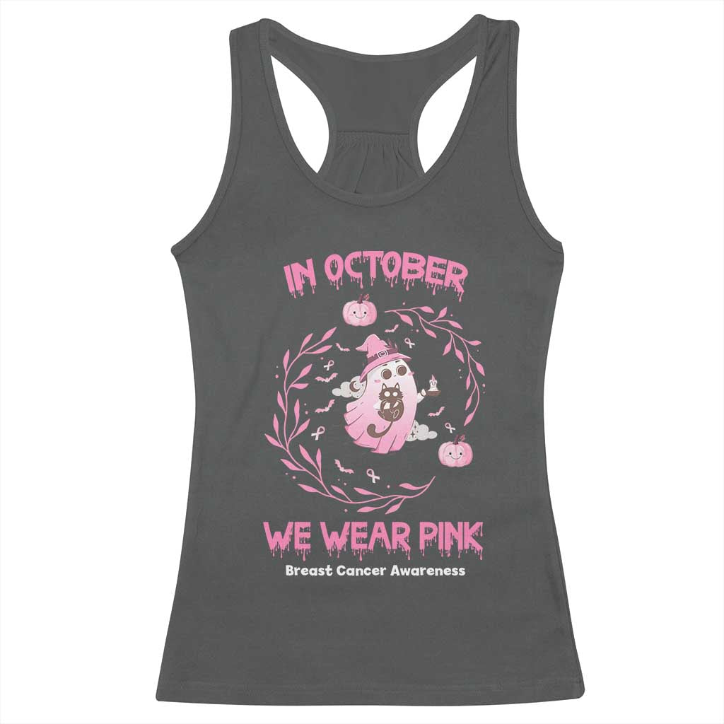 Breast Cancer Halloween Racerback Tank Top In October Ghost Wear Pink Black Cat - Wonder Print Shop