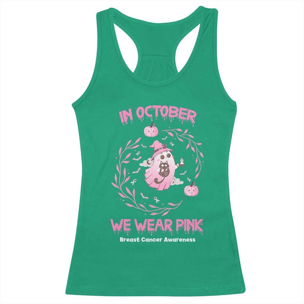 Breast Cancer Halloween Racerback Tank Top In October Ghost Wear Pink Black Cat - Wonder Print Shop