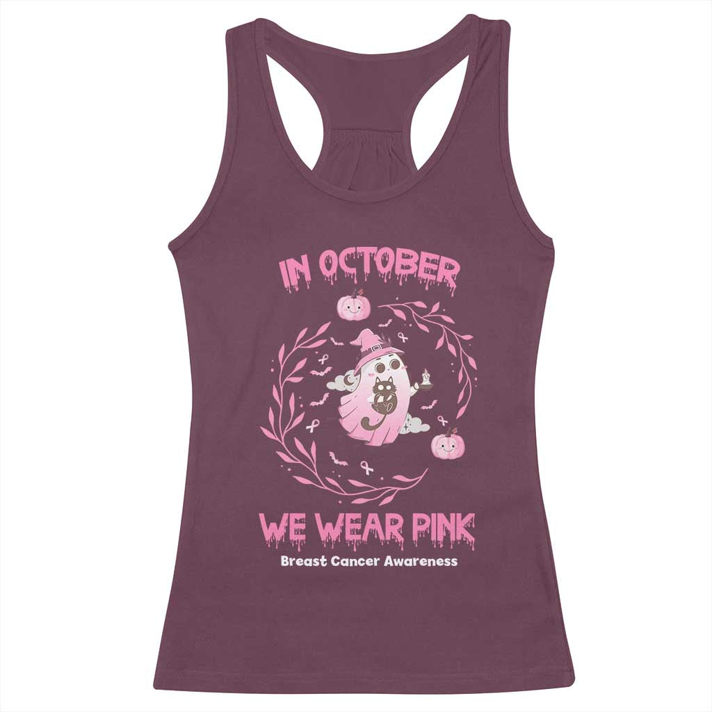 Breast Cancer Halloween Racerback Tank Top In October Ghost Wear Pink Black Cat - Wonder Print Shop