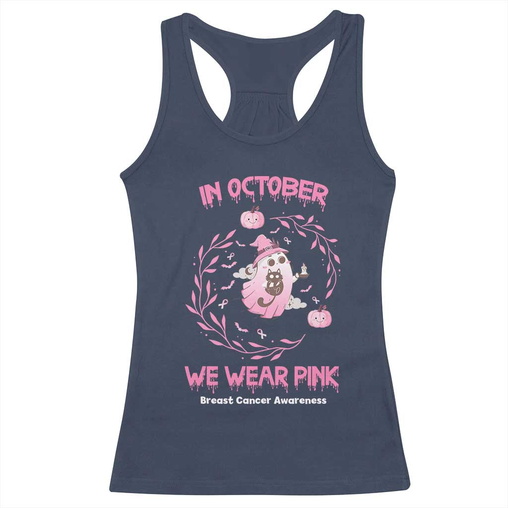 Breast Cancer Halloween Racerback Tank Top In October Ghost Wear Pink Black Cat - Wonder Print Shop