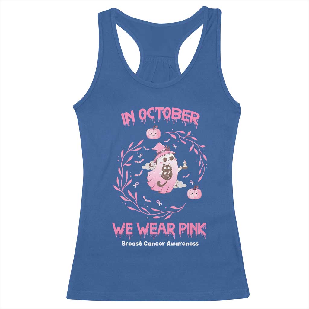 Breast Cancer Halloween Racerback Tank Top In October Ghost Wear Pink Black Cat - Wonder Print Shop