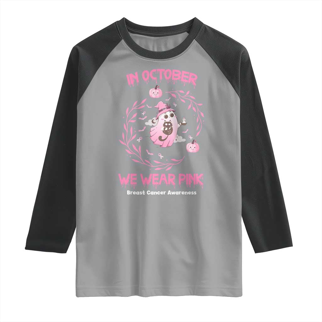 Breast Cancer Halloween Raglan Shirt In October Ghost Wear Pink Black Cat - Wonder Print Shop