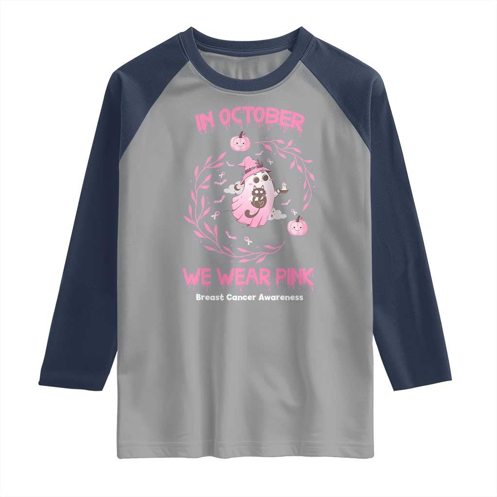 Breast Cancer Halloween Raglan Shirt In October Ghost Wear Pink Black Cat - Wonder Print Shop