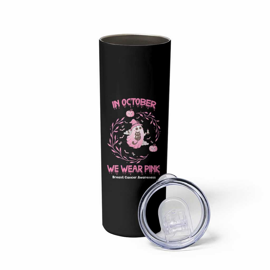 Breast Cancer Halloween Skinny Tumbler In October Ghost Wear Pink Black Cat - Wonder Print Shop