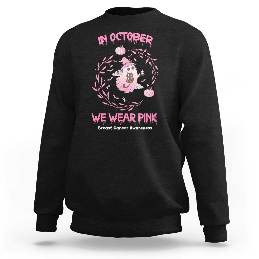 Breast Cancer Halloween Sweatshirt In October Ghost Wear Pink Black Cat - Wonder Print Shop