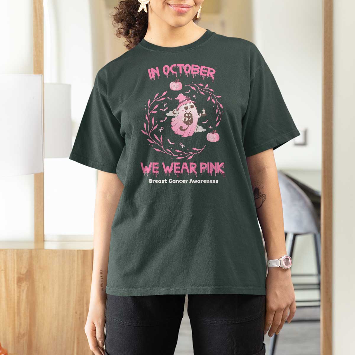 Breast Cancer Halloween T Shirt For Women In October Ghost Wear Pink Black Cat - Wonder Print Shop