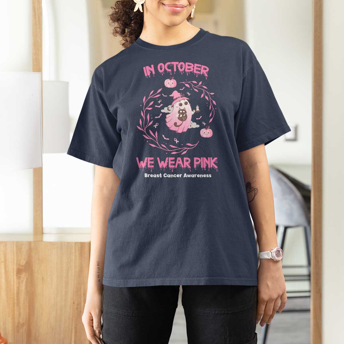 Breast Cancer Halloween T Shirt For Women In October Ghost Wear Pink Black Cat - Wonder Print Shop