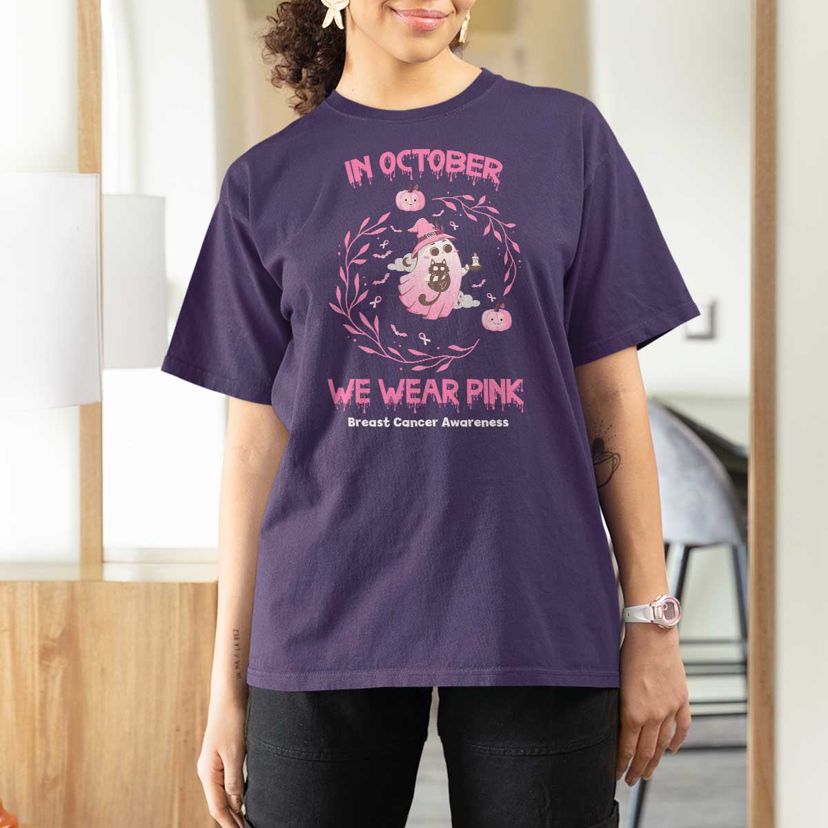 Breast Cancer Halloween T Shirt For Women In October Ghost Wear Pink Black Cat - Wonder Print Shop