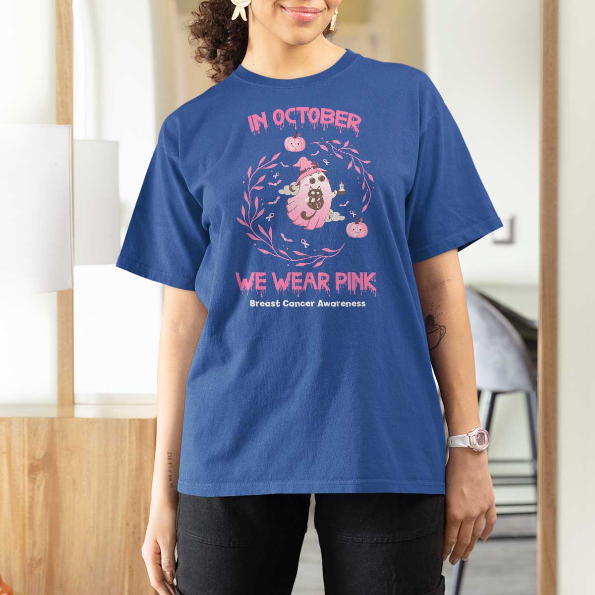 Breast Cancer Halloween T Shirt For Women In October Ghost Wear Pink Black Cat - Wonder Print Shop