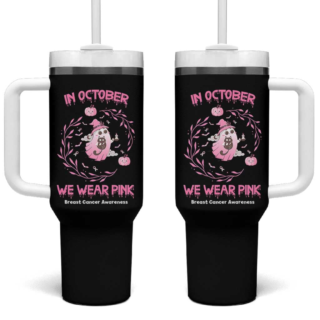 Breast Cancer Halloween Tumbler With Handle In October Ghost Wear Pink Black Cat - Wonder Print Shop