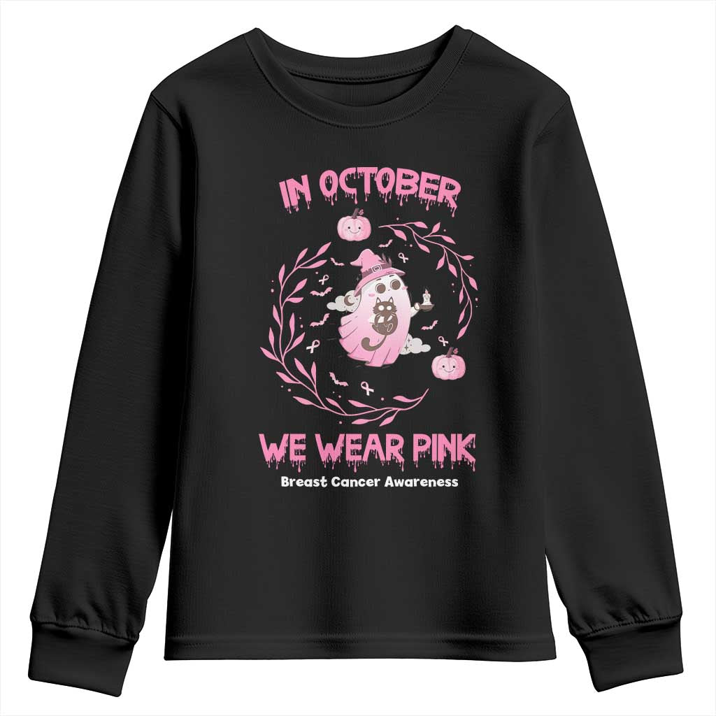 Breast Cancer Halloween Youth Sweatshirt In October Ghost Wear Pink Black Cat - Wonder Print Shop