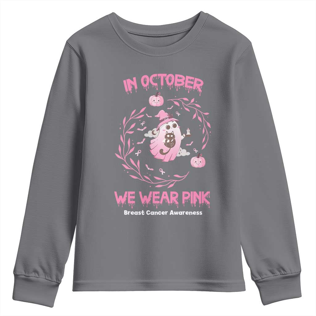 Breast Cancer Halloween Youth Sweatshirt In October Ghost Wear Pink Black Cat - Wonder Print Shop