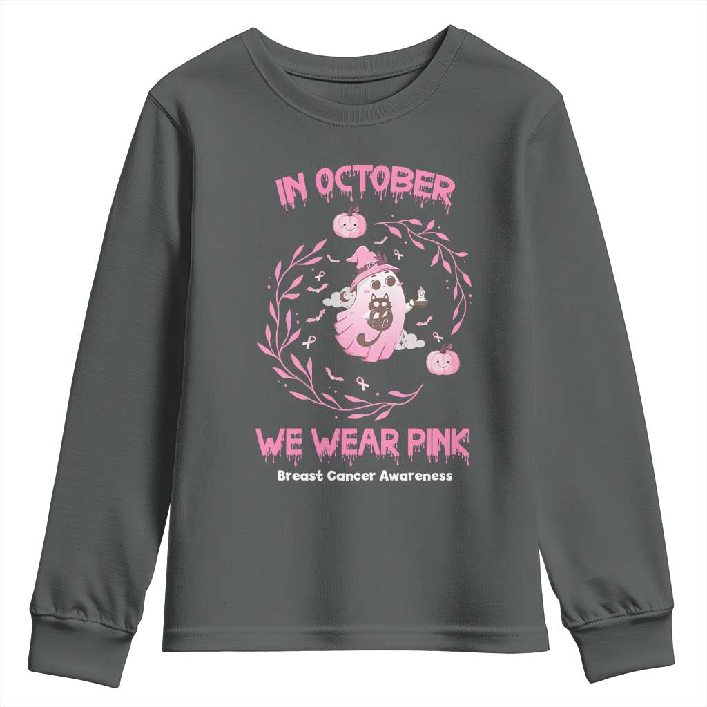 Breast Cancer Halloween Youth Sweatshirt In October Ghost Wear Pink Black Cat - Wonder Print Shop