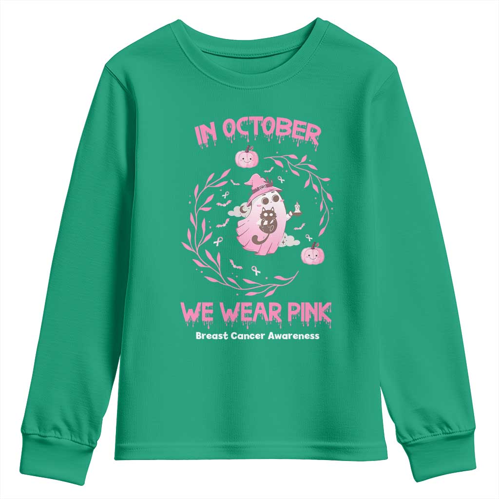 Breast Cancer Halloween Youth Sweatshirt In October Ghost Wear Pink Black Cat - Wonder Print Shop