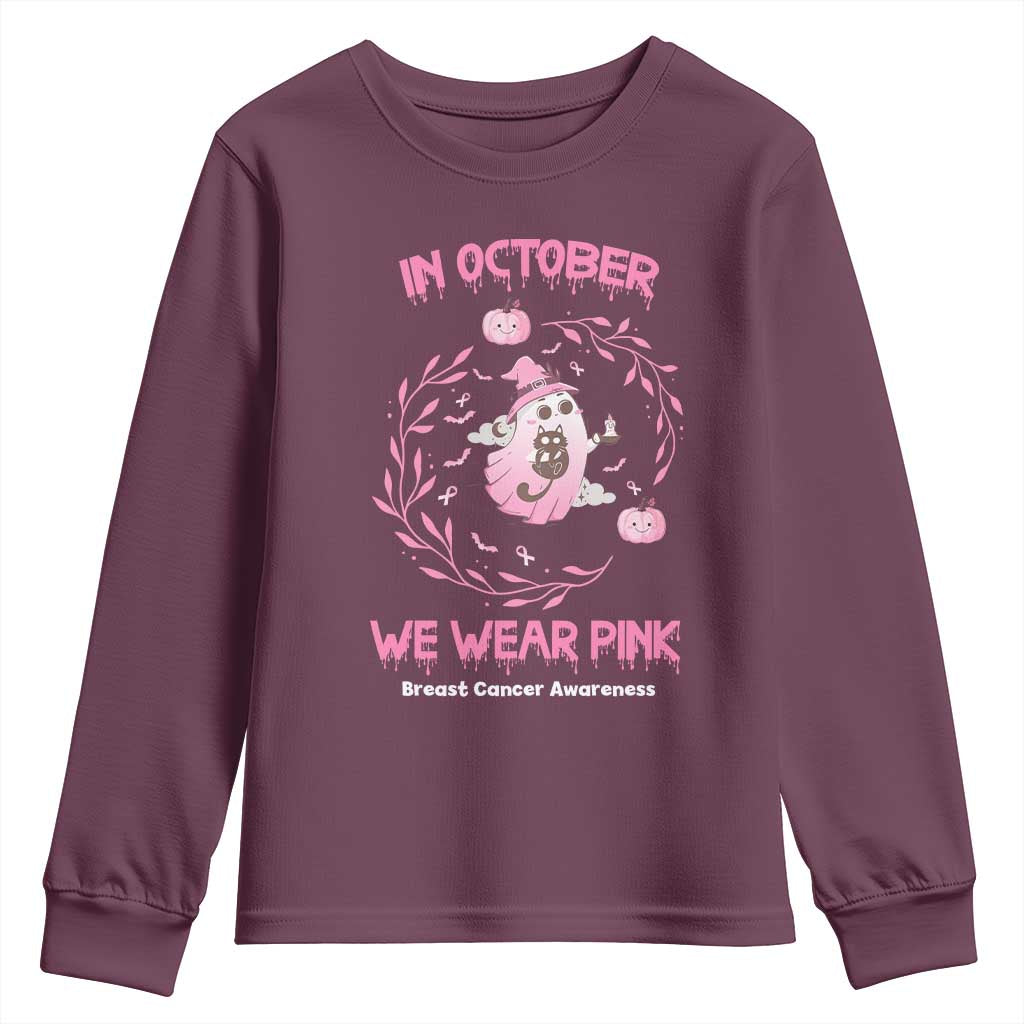 Breast Cancer Halloween Youth Sweatshirt In October Ghost Wear Pink Black Cat - Wonder Print Shop