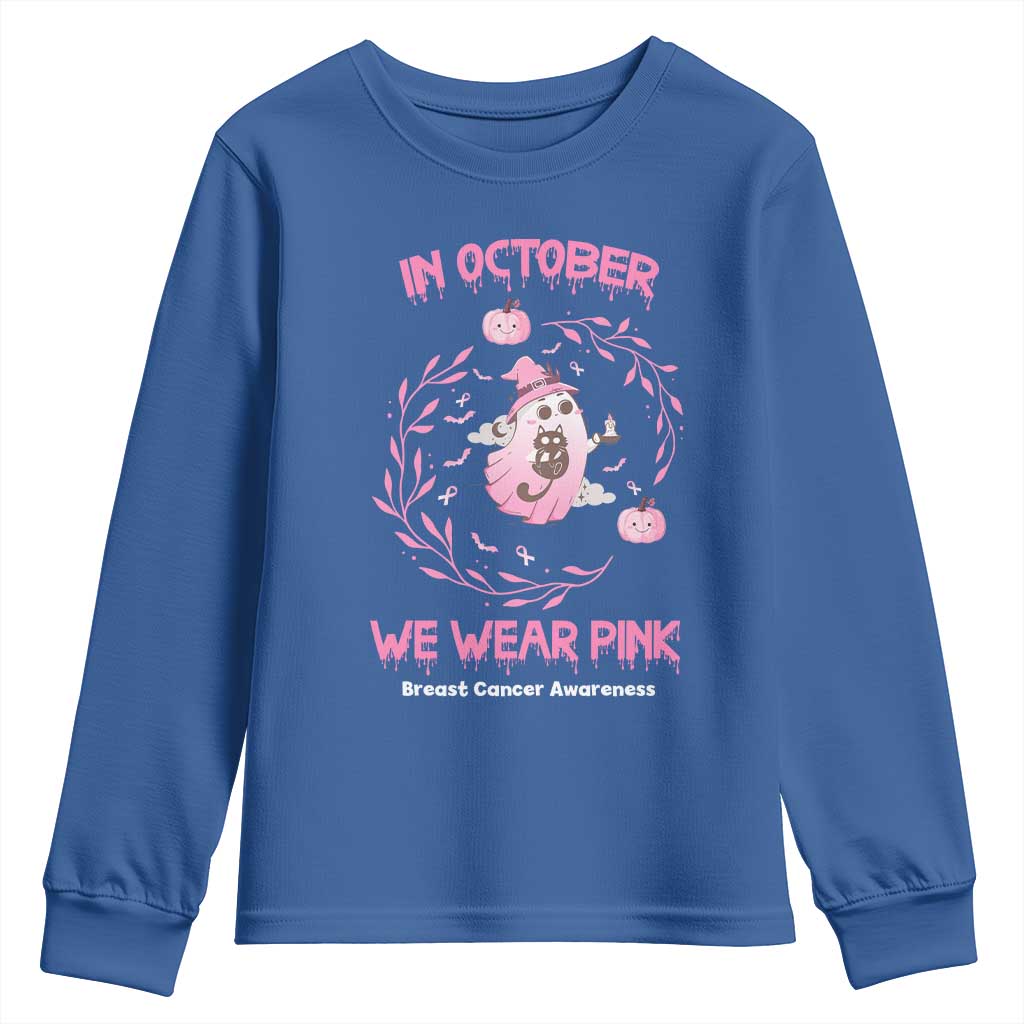 Breast Cancer Halloween Youth Sweatshirt In October Ghost Wear Pink Black Cat - Wonder Print Shop