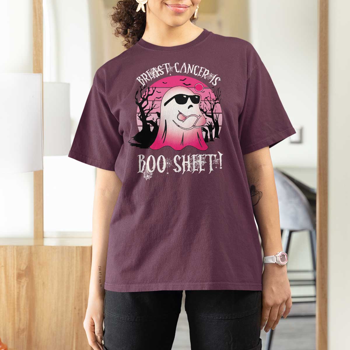Breast Cancer Is Boo Sheet T Shirt For Women In October Ghost Wear Pink - Wonder Print Shop