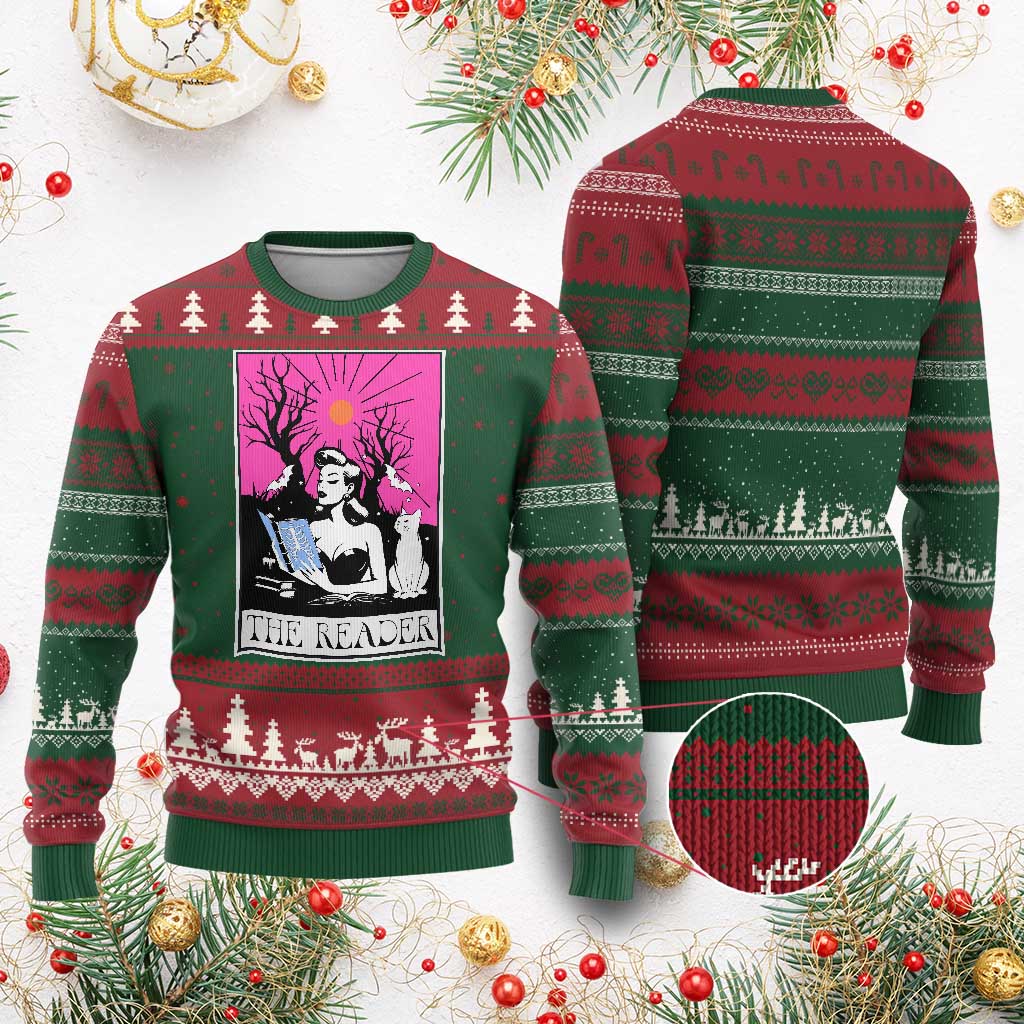 The Reader Tarot Ugly Christmas Sweater Witch Reading Book Club Occult Cat Mom - Wonder Print Shop