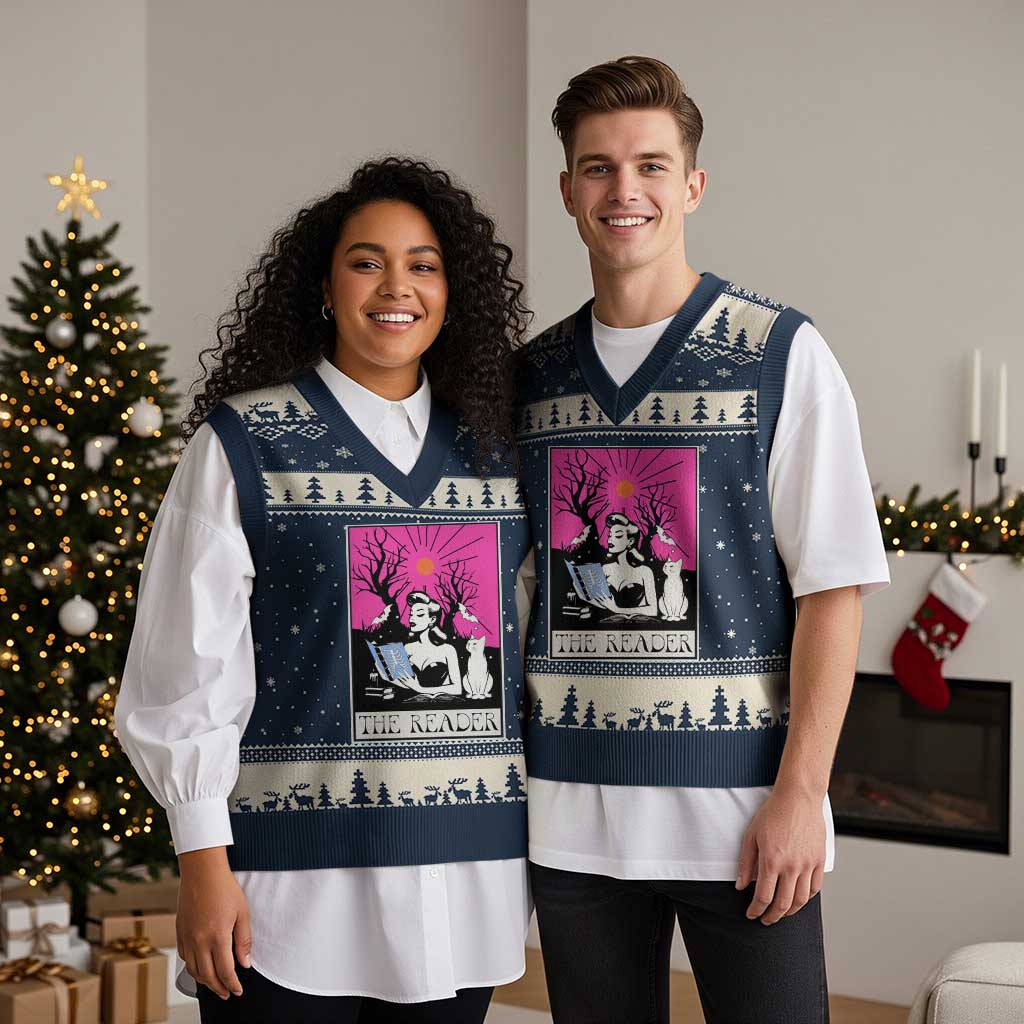 The Reader Tarot V-Neck Knit Sweater Vest Witch Reading Book Club Occult Cat Mom - Wonder Print Shop