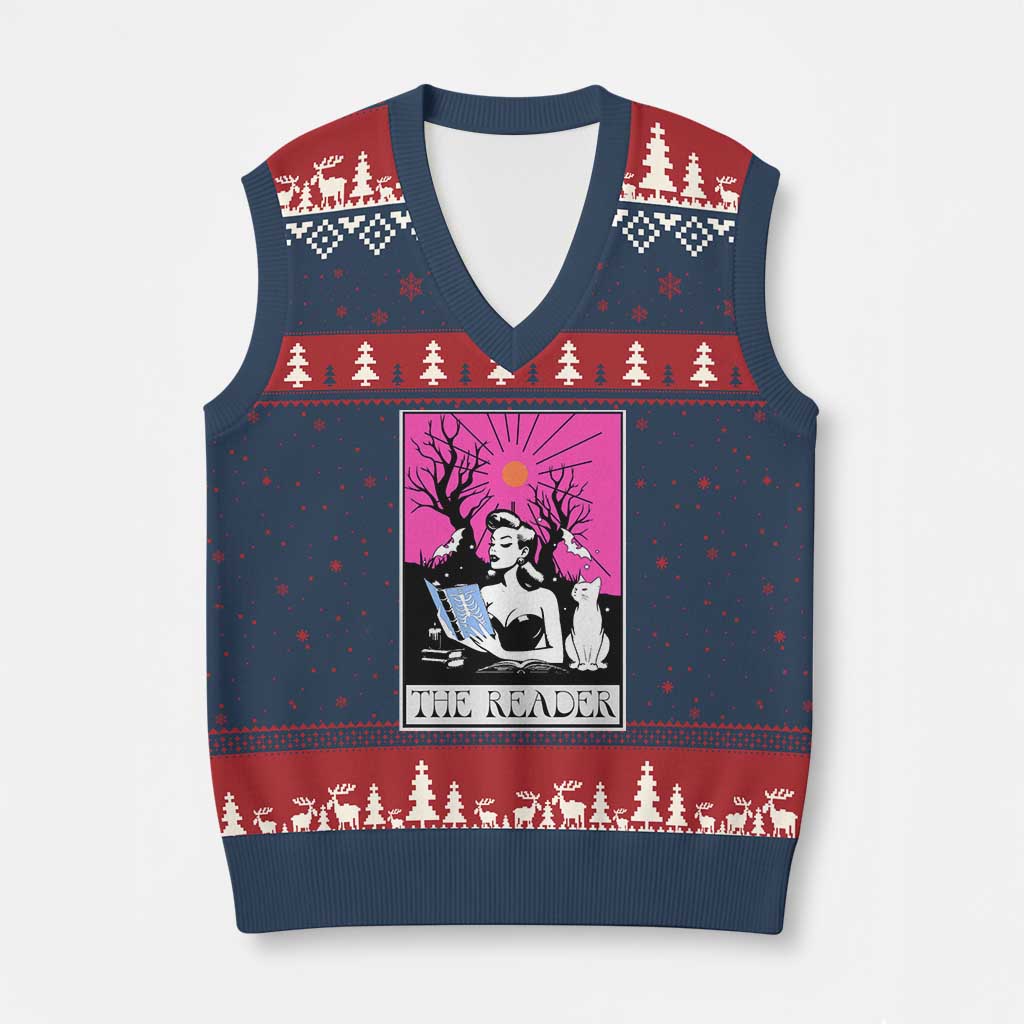 The Reader Tarot V-Neck Knit Sweater Vest Witch Reading Book Club Occult Cat Mom - Wonder Print Shop