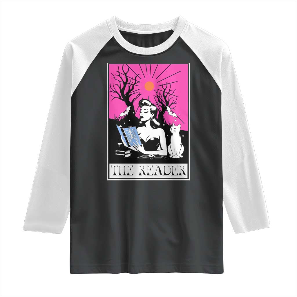 The Reader Tarot Raglan Shirt Witch Reading Book Club Occult Cat Mom - Wonder Print Shop