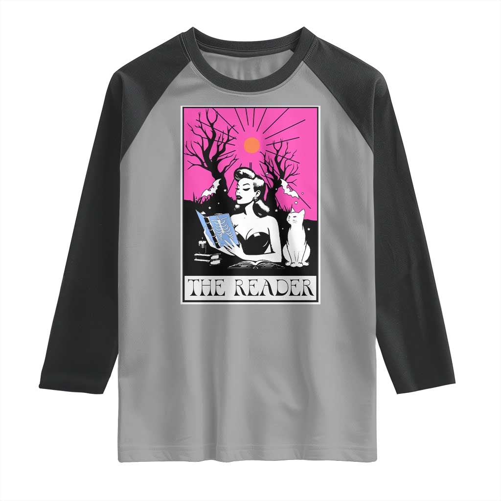 The Reader Tarot Raglan Shirt Witch Reading Book Club Occult Cat Mom - Wonder Print Shop