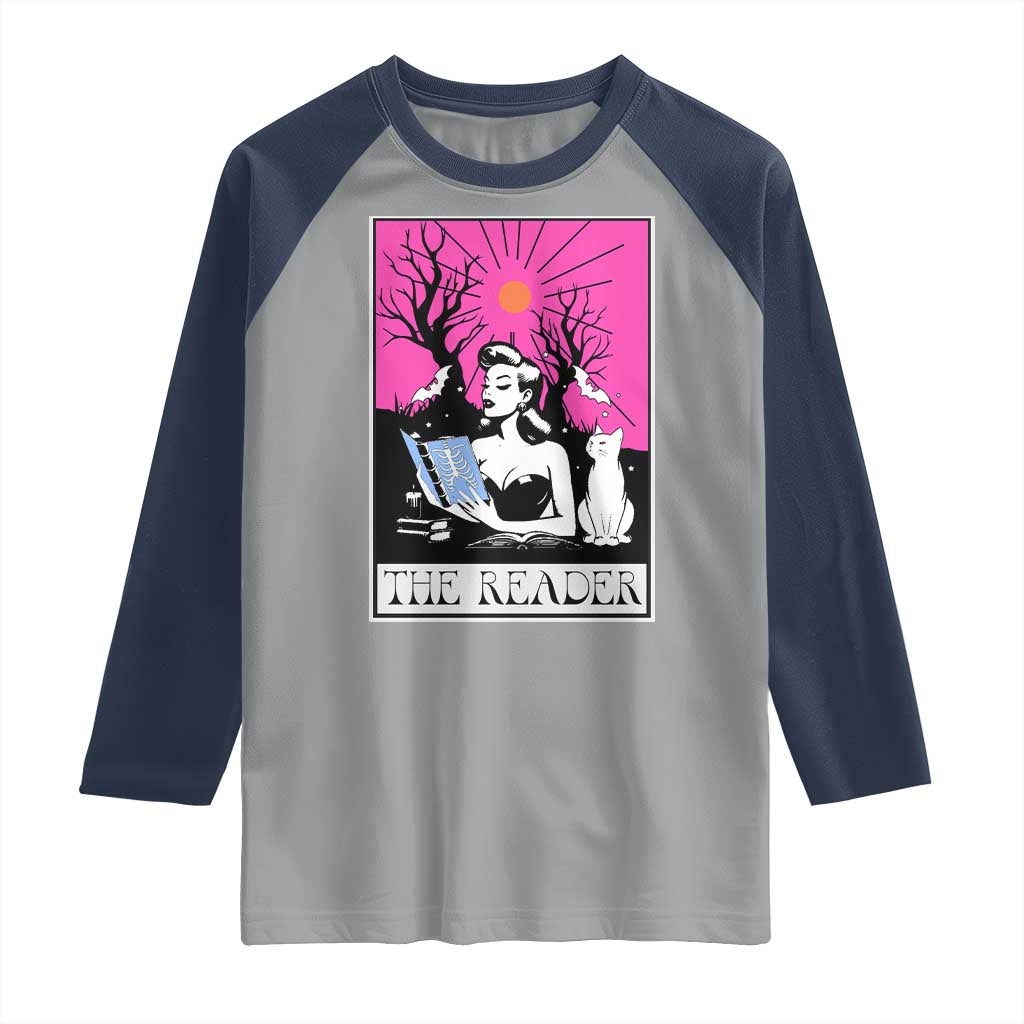 The Reader Tarot Raglan Shirt Witch Reading Book Club Occult Cat Mom - Wonder Print Shop