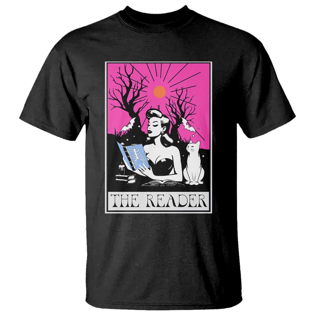 The Reader Tarot T Shirt Witch Reading Book Club Occult Cat Mom - Wonder Print Shop