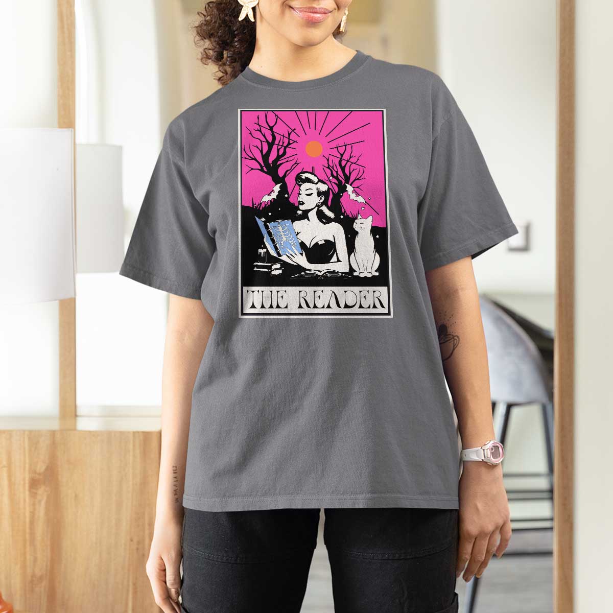 The Reader Tarot T Shirt For Women Witch Reading Book Club Occult Cat Mom - Wonder Print Shop
