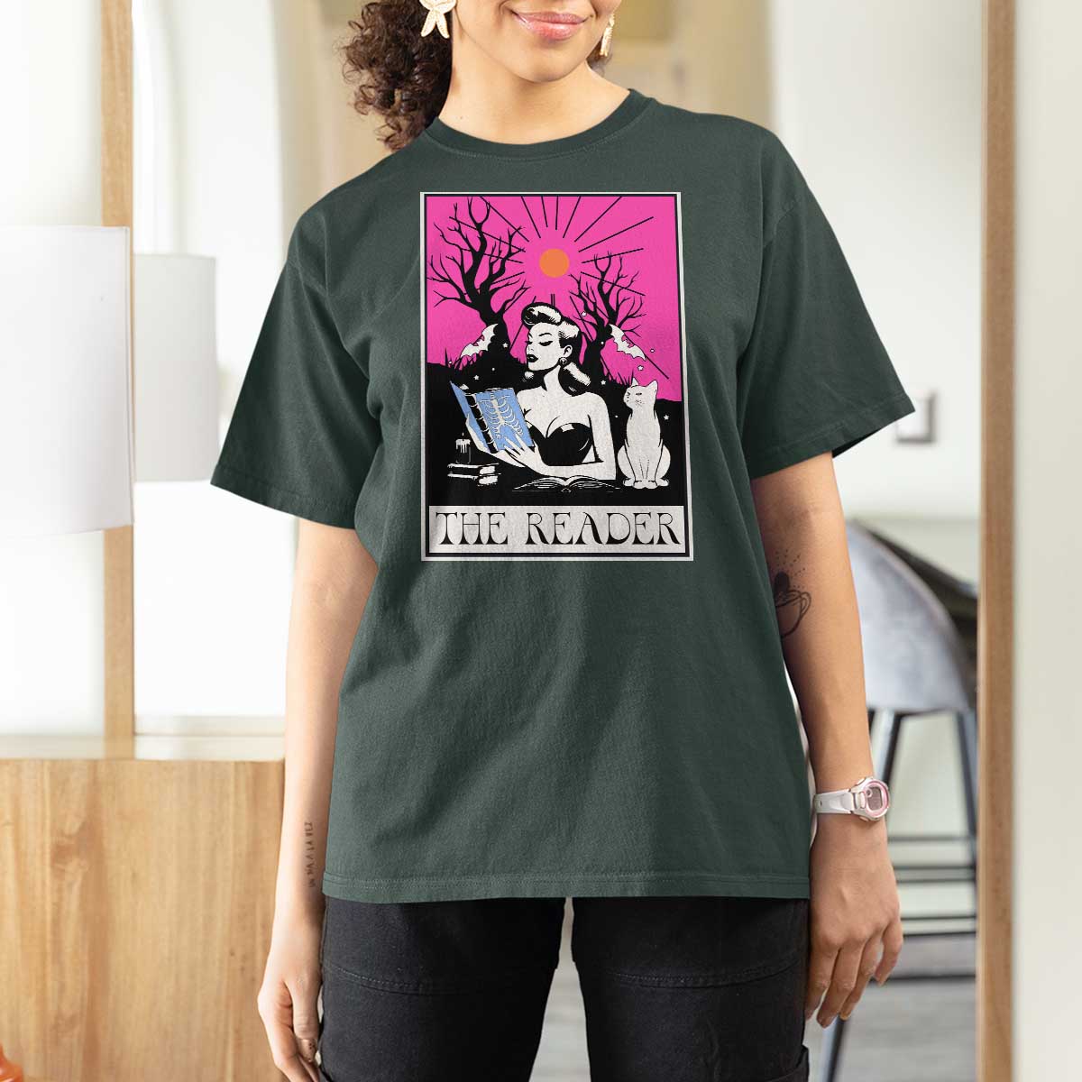 The Reader Tarot T Shirt For Women Witch Reading Book Club Occult Cat Mom - Wonder Print Shop