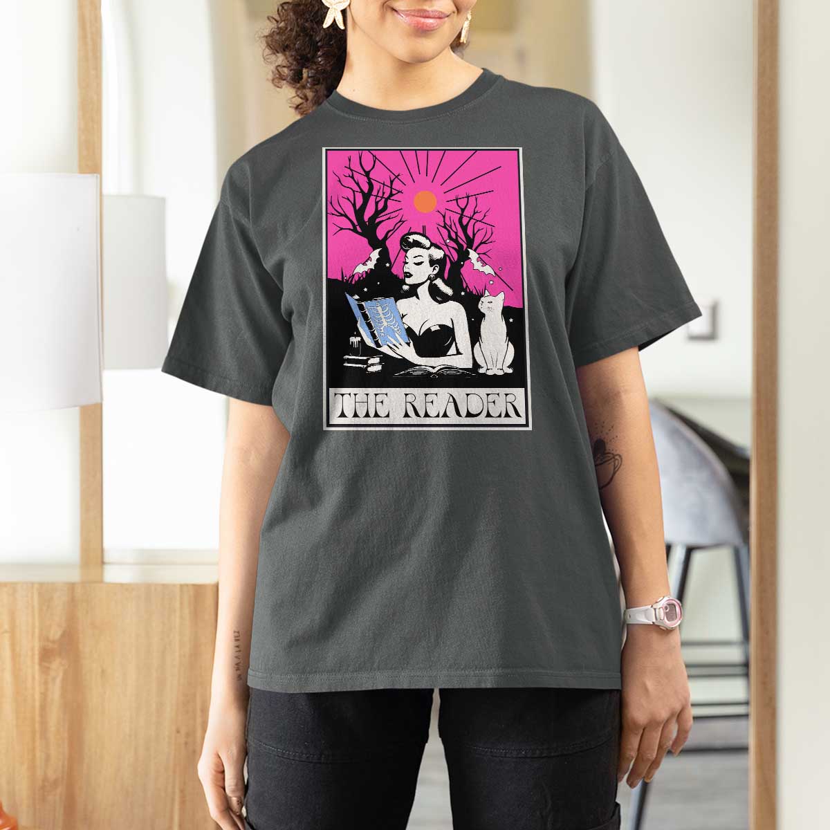 The Reader Tarot T Shirt For Women Witch Reading Book Club Occult Cat Mom - Wonder Print Shop