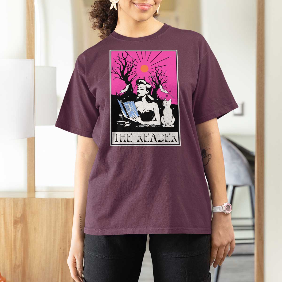 The Reader Tarot T Shirt For Women Witch Reading Book Club Occult Cat Mom - Wonder Print Shop