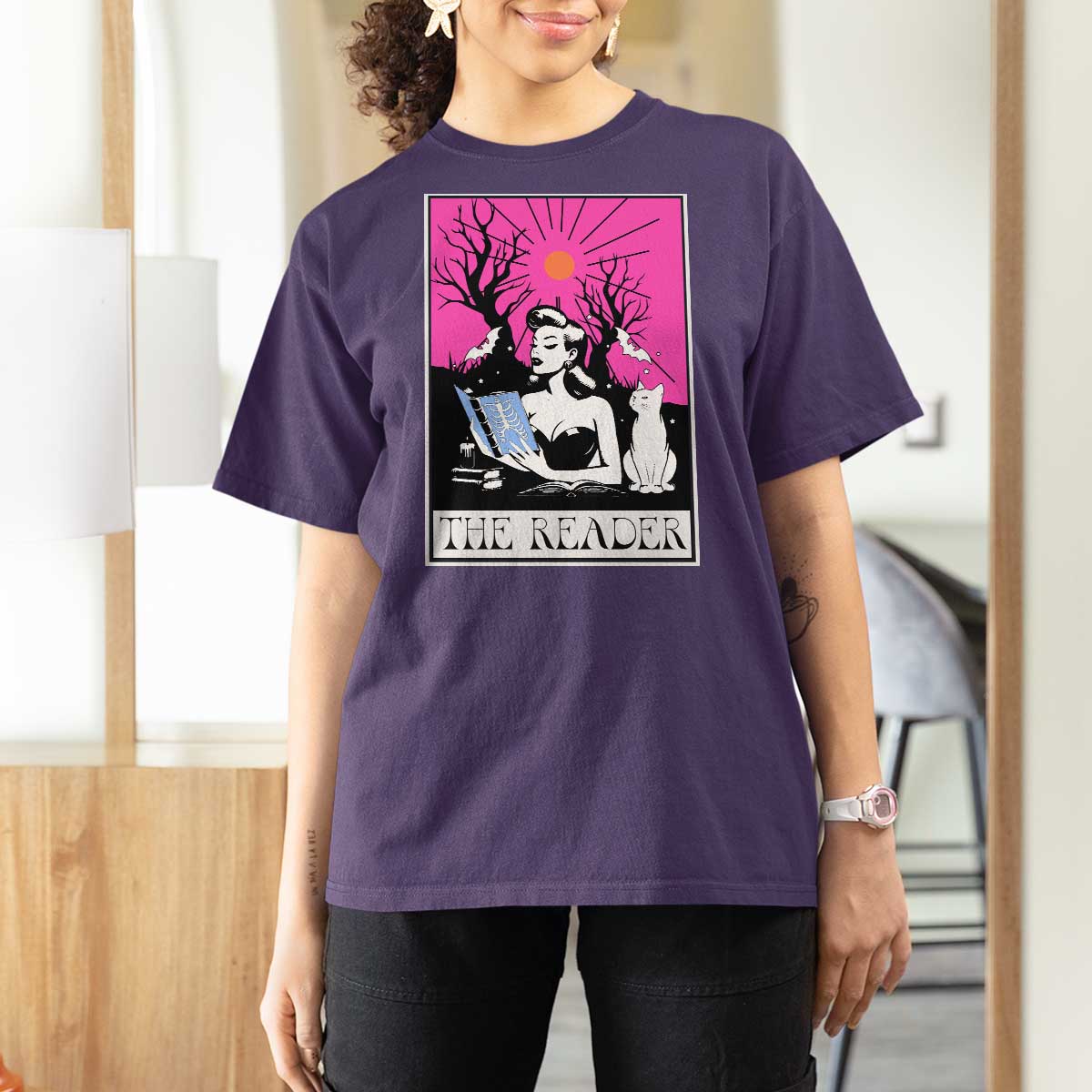 The Reader Tarot T Shirt For Women Witch Reading Book Club Occult Cat Mom - Wonder Print Shop