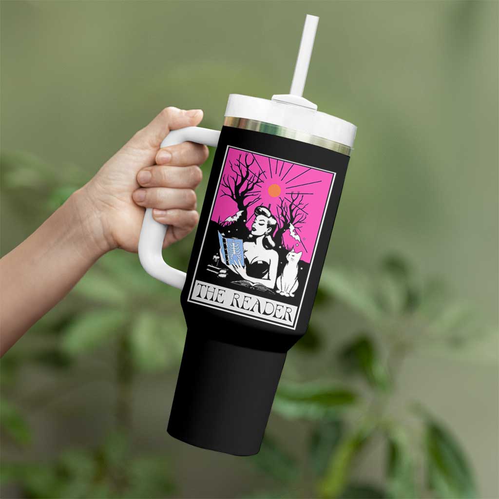 The Reader Tarot Tumbler With Handle Witch Reading Book Club Occult Cat Mom - Wonder Print Shop