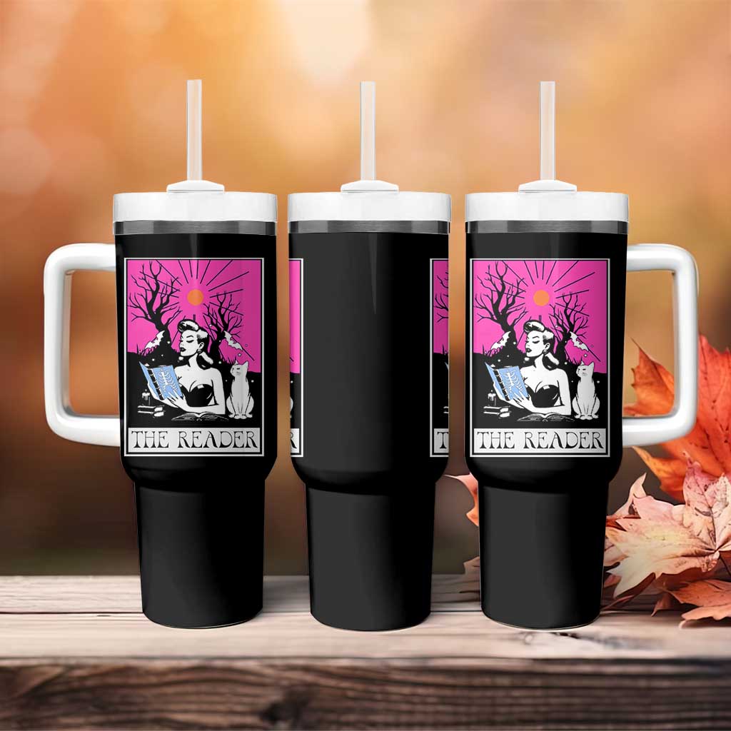 The Reader Tarot Tumbler With Handle Witch Reading Book Club Occult Cat Mom - Wonder Print Shop