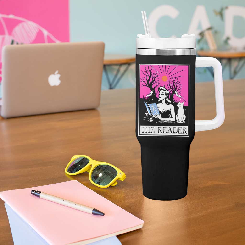 The Reader Tarot Tumbler With Handle Witch Reading Book Club Occult Cat Mom - Wonder Print Shop