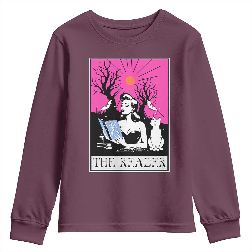 The Reader Tarot Youth Sweatshirt Witch Reading Book Club Occult Cat Mom - Wonder Print Shop