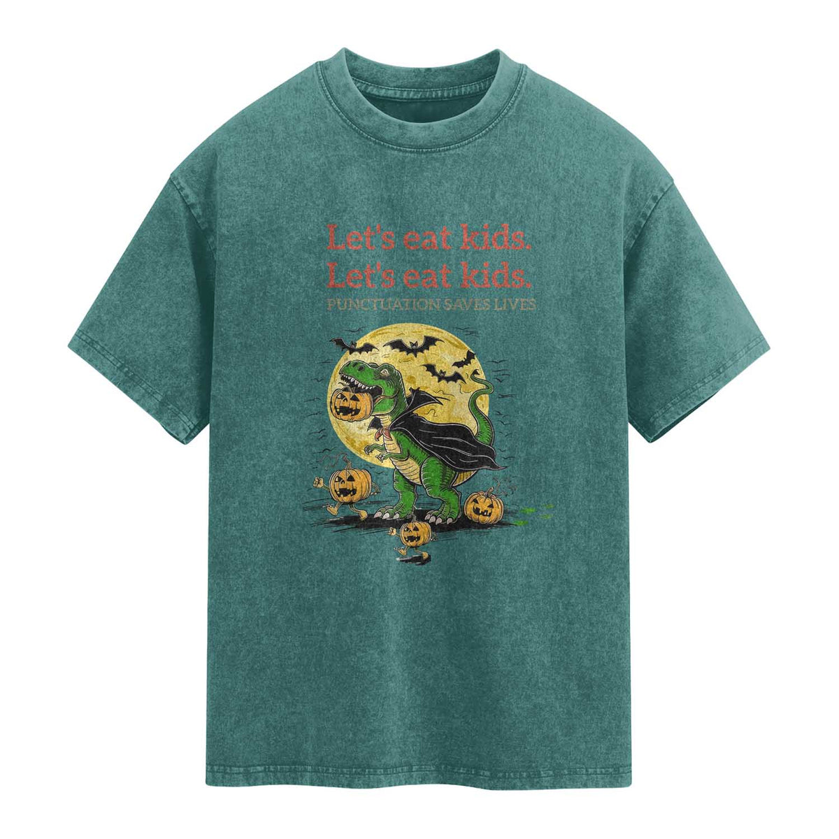 Grammar English Teacher Washed Cotton T-Shirt Funny Halloween Dinosaurs Pumpkin Punctuation Saves Lives