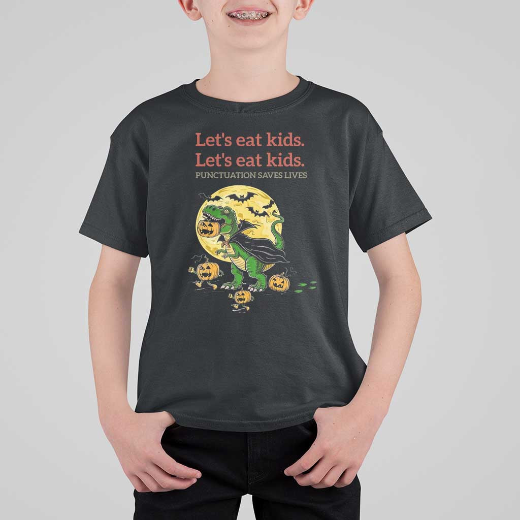 Grammar English Teacher T Shirt For Kid Funny Halloween Dinosaurs Pumpkin Punctuation Saves Lives